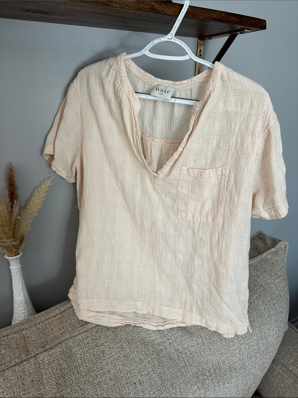 Wrap London Soft Peach V-Neck Textured Cotton and Linen Top
